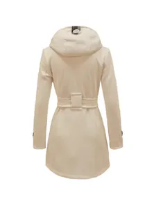 Elegant cream-colored mid-length hooded woolen trench coat for women showing back view