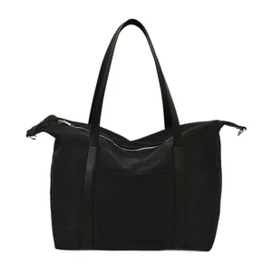Bolso tote de lona negra de gran capacidad con cremallera para viajes y uso diario común