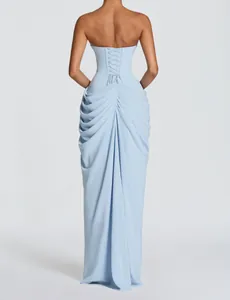Detailed back view of a pale blue strapless dress featuring elegant corset lacing