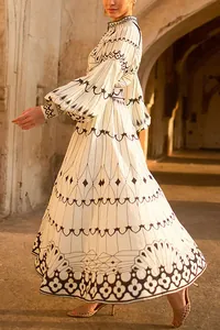 Elegant palace style printed maxi dress with lantern sleeves and waist tie detail