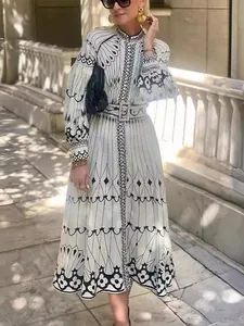Women Palace Style Elegant Printed Dress Long Sleeve Belted Button Midi Dress Polyester Vintage Floral Party Wear