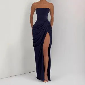 Elegant navy strapless maxi dress with asymmetric pleats and sexy high leg slit