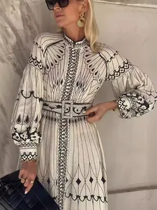 Elegant palace-style long-sleeved printed maxi dress with matching waist belt for women
