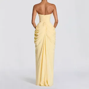 Elegant yellow strapless corset back pleated maxi dress for evening party events