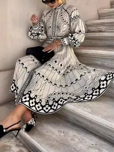 Elegant palace style long-sleeved belted printed maxi dress for women with vintage floral pattern