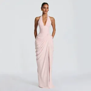 Women Halter V-Neck Ruched Evening Gown Sexy High Slit Sleeveless Maxi Dress For Party Banquet Summer Elegant Lady Clothing