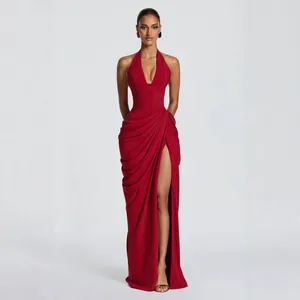Elegant red halter V-neck evening dress with pleated bodice and high slit for women