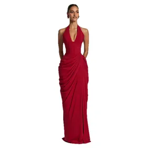 Elegant deep red halter neck V-neck evening gown with pleated and draped details for women