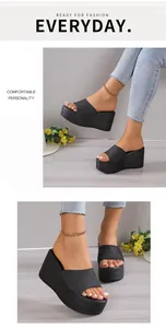 Close-up of denim platform wedge sandals for women featuring a stylish woven heel.