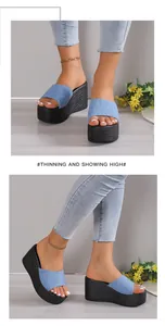 Detailed view of denim fabric wedge slippers with comfortable platform sole for women