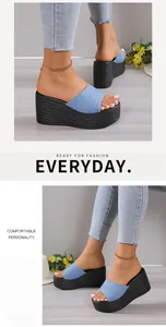 Close-up of light blue denim wedge slippers with black platform soles