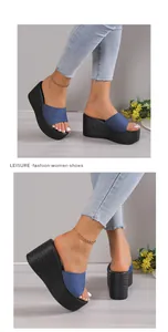 Detailed view of women's denim blue wedge slides featuring a stylish black textured platform sole