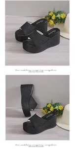 Black denim wedge sandals with stylish woven platform texture for summer fashion