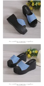 High-quality blue denim wedge sandals with thick black platform in a lifestyle setting