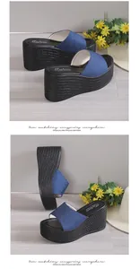 Detailed view of denim platform wedge sandals with woven texture soles and summer props.