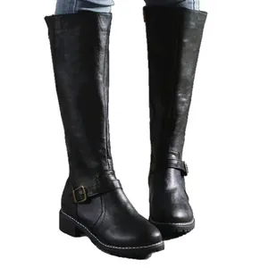 Classic black faux leather knee-high knight boots for women with round toe and buckle strap