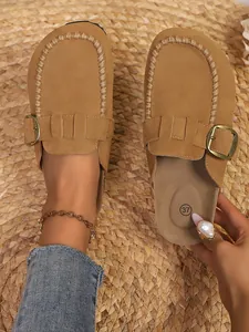 Premium brown suede platform clogs with vintage buckle and rope stitching detail