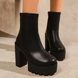 Women Chunky Heel Platform Ankle Boots Side Zipper High Heel Fashion 2025 Winter Shoes Artificial Leather Non-slip Sole Boots