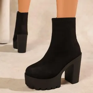 Chic women's black faux suede platform ankle boots with chunky high heels for winter