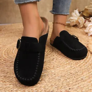 Women Retro Suede Platform Clogs Metal Buckle Round Toe Mules Thick Sole Cork Midsole Slip On Casual Loafer Slippers