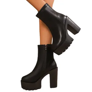 Stylish women's black faux leather platform ankle boots with chunky high heels and side zipper