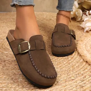 Vintage brown suede platform Birkenstock-style clogs for women with decorative buckle