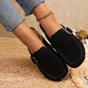 Retro black thick sole Birkenstock-style mules for women with decorative buckle