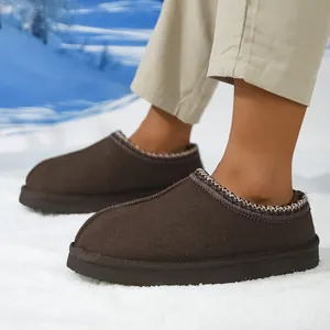 Botas de Nieve de Gamuza Cálidas de Invierno Unisex Ribete Trenzado Forro de Piel Sintética Antideslizante Plataforma Slip-On Pantuflas