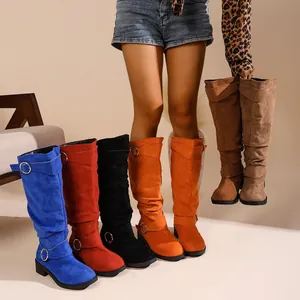 Damen Geraffte Ritterstiefel Wildleder Schnalle Winter Warme Slouch Boots Runde Zehe Blockabsatz Mode Kniehoch Stiefel