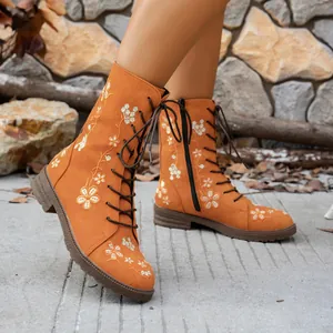 Vintage orange mid-calf boots featuring floral embroidery and western chunky heel style.