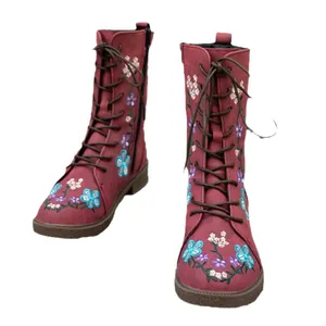 Vintage burgundy floral embroidered mid-calf boots with lace-up design for women's autumn wear