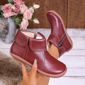 Damen Runde Zehe Casual Martin Boots Seitlicher Reißverschluss PU Leder Stiefeletten Mit Umgeschlagener Manschette Niedriger Absatz Schuhe