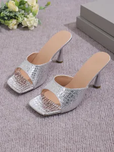 Chic silver crocodile embossed square toe high heel sandals with elegant slim heels
