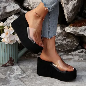 Close-up view of black platform wedge sandals featuring a stylish transparent PVC strap