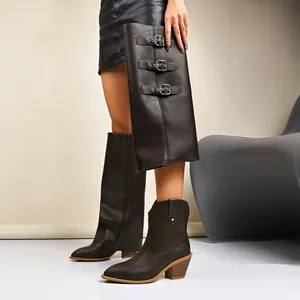 Stylish retro brown pant-leg western boots for women featuring triple buckle straps