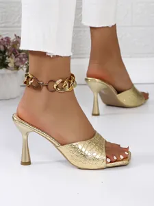 Gold square toe high heel mules with stone texture finish for women