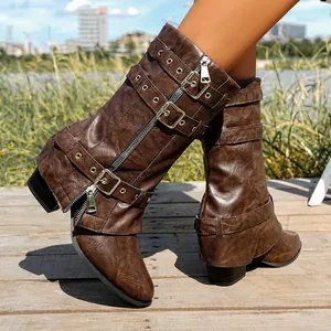 Brown mid-calf knight boots with buckle straps and western pant-leg design for women