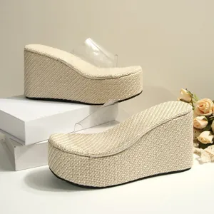 Women's summer wedge sandals with transparent strap and woven straw platform detail
