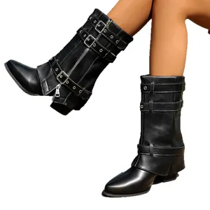 Black mid-calf western gaiter boots with multiple buckle straps and pointed toe