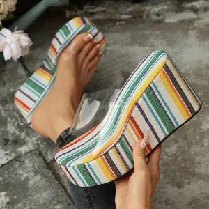 High-end colorful striped platform wedge sandals with transparent PVC strap for women