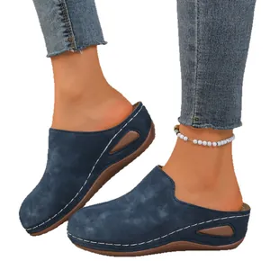 Comfortable navy blue suede wedge mules for women with platform sole and white stitching