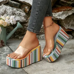 Close-up view of colorful striped platform wedge sandals with transparent strap