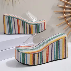 Macro view of rainbow striped platform wedge sandals featuring clear PVC straps and open toe