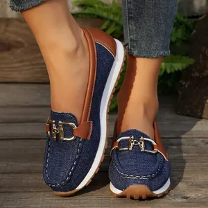 Stylish blue denim loafers with gold metal chain and chunky platform sole