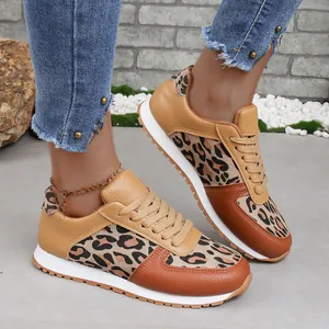 Women Leopard Print Casual Sneakers Low Top Lace Up Flat Sports Shoes Spring Autumn Fashion Patchwork Daily Walking Shoes PU Upper