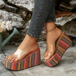 Chic women's colorful striped platform wedge sandals with transparent PVC upper strap
