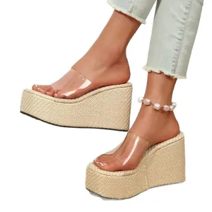 Stylish women's summer wedge sandals featuring transparent strap and platform woven sole