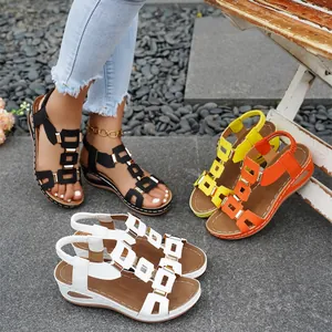 Women Casual PU Leather Wedge Sandals Peep Toe Solid Color Elastic Slingback Metal Buckle Summer Fashion Outdoor Shoes