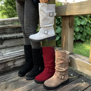 Stylish women's mid-calf slouchy boots with belt buckles and knitted cuffs in multiple colors.