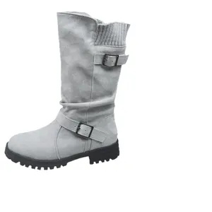 Women's light grey mid-calf suede slouch boots with buckle straps and knit ribbed cuffs
